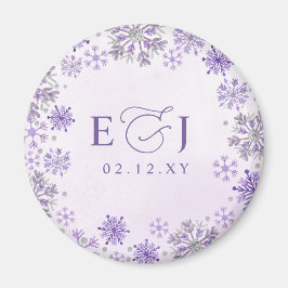 Monogram Silver Lila Snöflingor Vinterbröllop Magnet