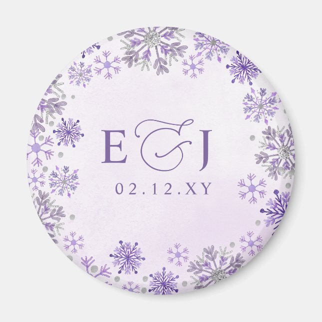 Monogram Silver Lila Snöflingor Vinterbröllop Magnet (Framsidan)