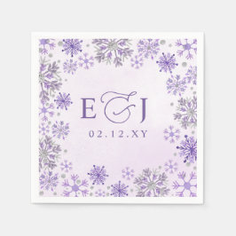 Monogram Silver Lila Snöflingor Vinterbröllop Pappersservett