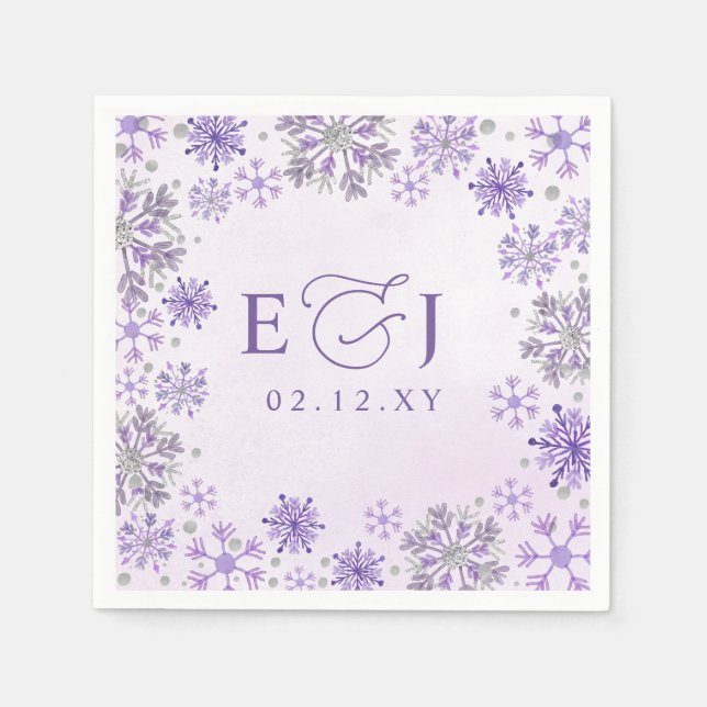 Monogram Silver Lila Snöflingor Vinterbröllop Pappersservett (Framsidan)