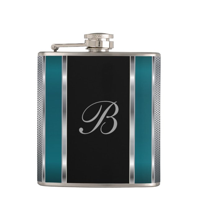 Monogram Silver Mesh och Mörk Teal Flask Fickplunta (Framsidan)