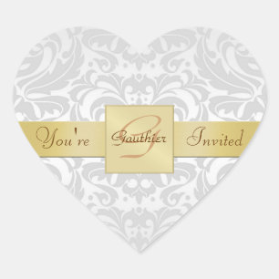 Monogram Silver Metall Damask Heart Sticker Hjärtformat Klistermärke
