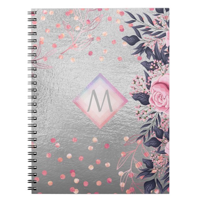 Monogram Silver Navy Rosegold Girly Newlyweds Gift Anteckningsbok (Framsidan)