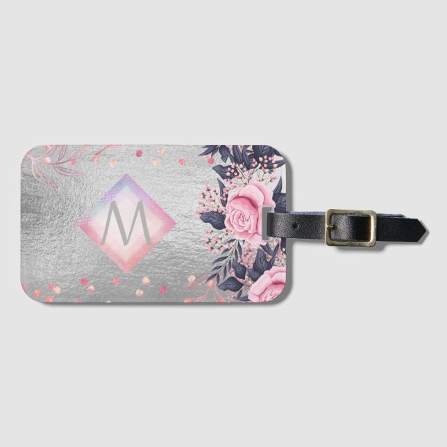 Monogram Silver Navy Rosegold Girly Newlyweds Gift Bagagebricka (Framsida horisontal)