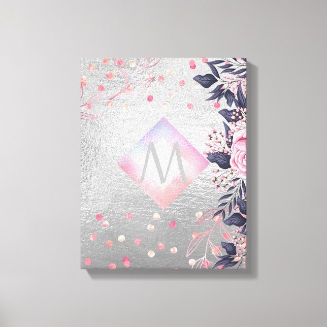 Monogram Silver Navy Rosegold Girly Newlyweds Gift Canvastryck (Framsida)