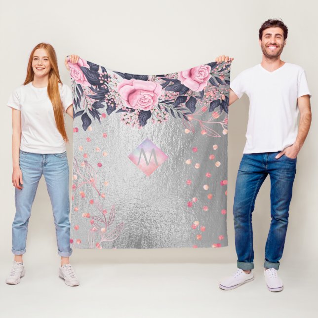 Monogram Silver Navy Rosegold Girly Newlyweds Gift Fleecefilt (På plats)