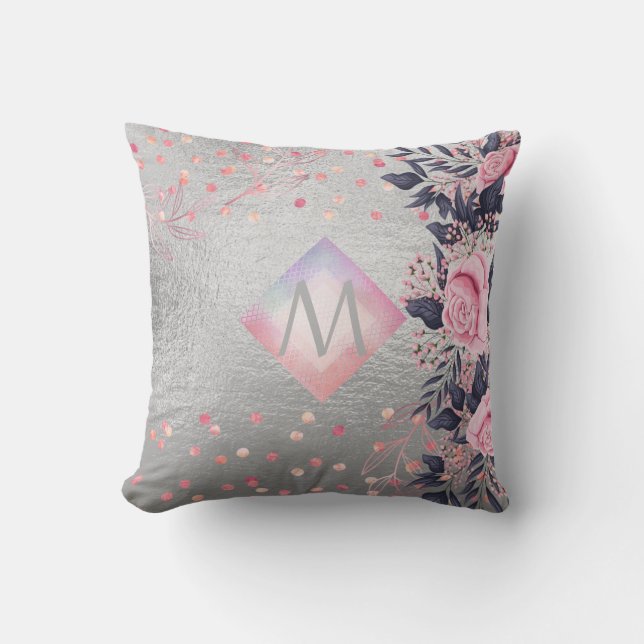 Monogram Silver Navy Rosegold Girly Newlyweds Gift Kudde (Framsida)
