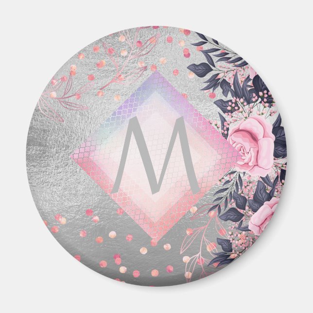 Monogram Silver Navy Rosegold Girly Newlyweds Gift Magnet (Framsidan)