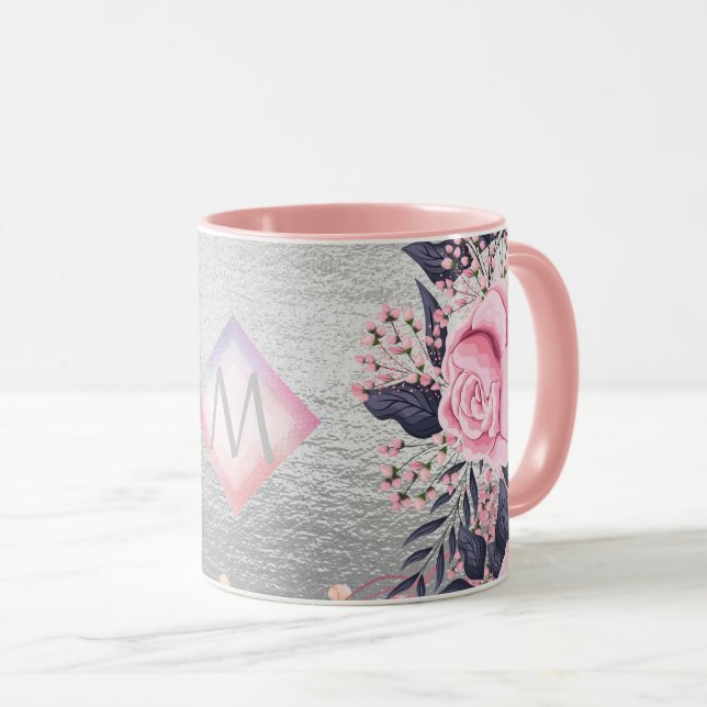 Monogram Silver Navy Rosegold Girly Newlyweds Gift Mugg (Framsida höger)