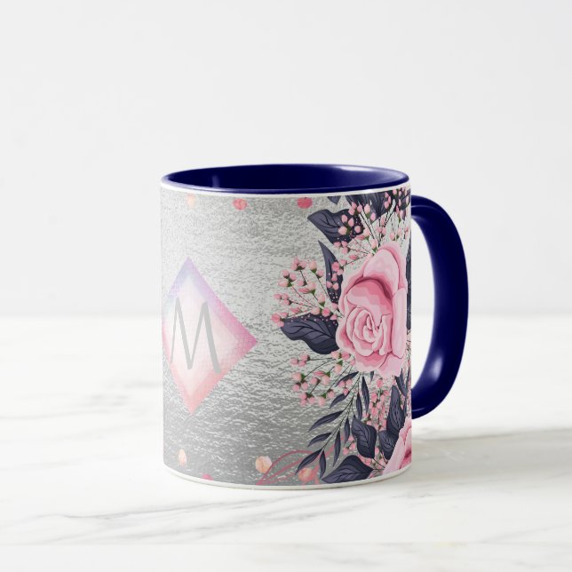 Monogram Silver Navy Rosegold Girly Newlyweds Gift Mugg (Framsida höger)