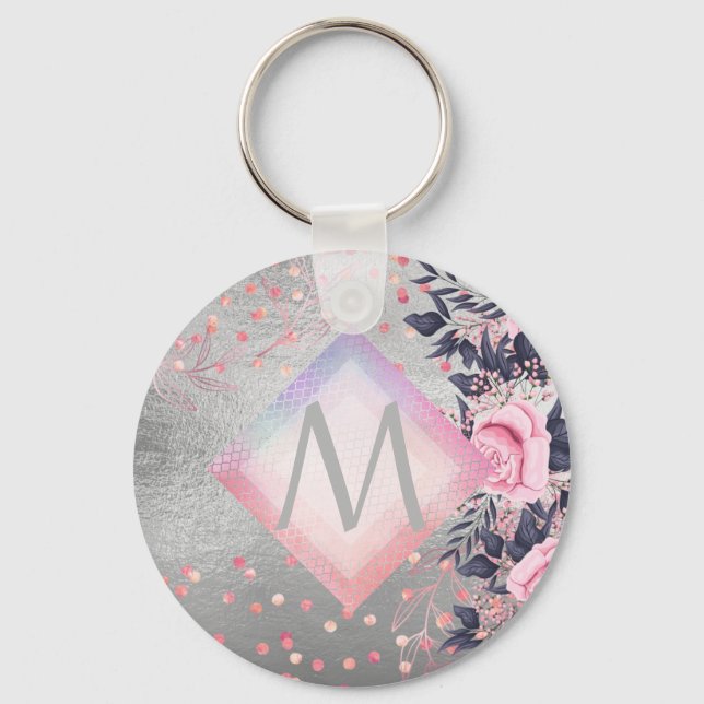 Monogram Silver Navy Rosegold Girly Newlyweds Gift Nyckelring (Framsida)