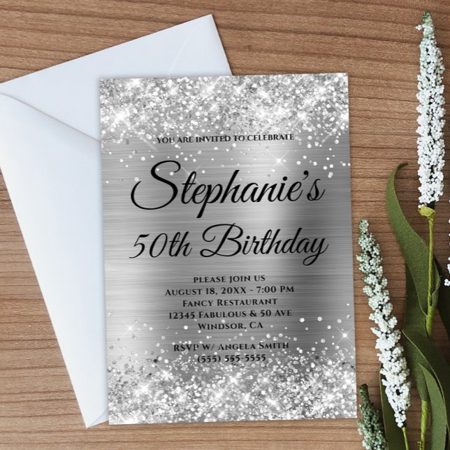 Monogram silver och Foil Finare Inbjudningar (Create your own silvery glitter and foil artwork birthday invite.)