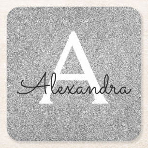 Monogram silver och Svarta Glitter & Gnistra Underlägg Papper Kvadrat
