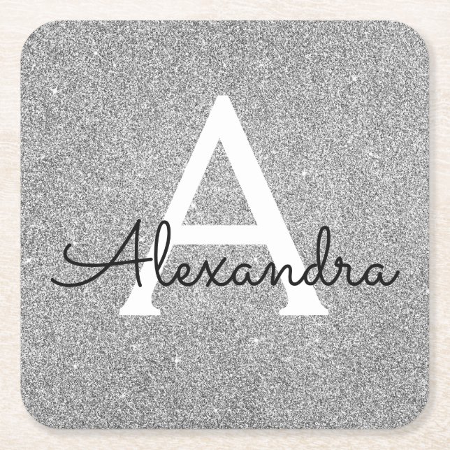 Monogram silver och Svarta Glitter & Gnistra Underlägg Papper Kvadrat (Framsidan)