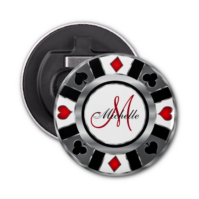 Monogram Silver Poker Chip Design Flasköppnare (Framsidan)