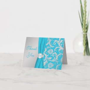 Monogram Silver, turkos Damask - tackkort