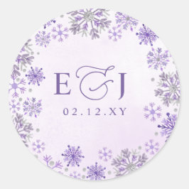 Monogram Silver Violetta Snöflingor Vinter Bröllop Runt Klistermärke