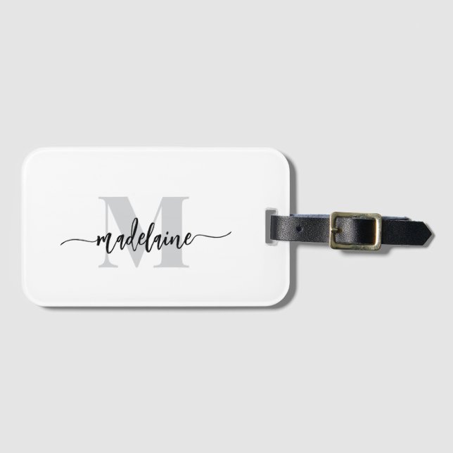 Monogram Silver White Black Personal Bagagebricka (Framsida horisontal)