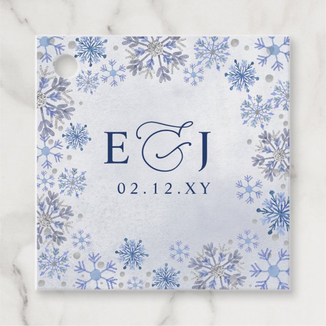 Monogram Silverblå Snöflingor Vinterbröllop Gåvor Etiketter (Framsida)