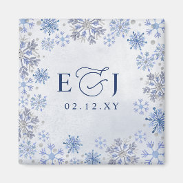 Monogram Silverblå Snöflingor Vinterbröllop Magnet