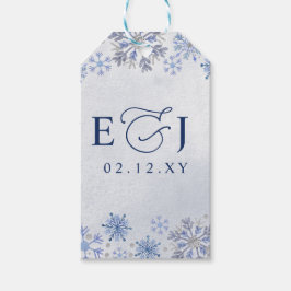 Monogram Silverblå Snöflingor Vinterbröllop Presentetikett