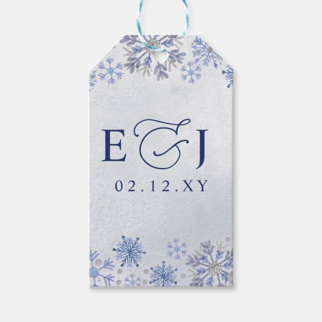 Monogram Silverblå Snöflingor Vinterbröllop Presentetikett (Framsidan)