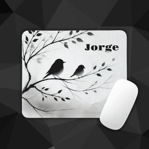 Monogram Simple Black and White Birds i Träd Musmatta