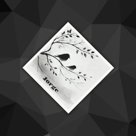 Monogram Simple Black and White Birds i Träd | Pappersservett