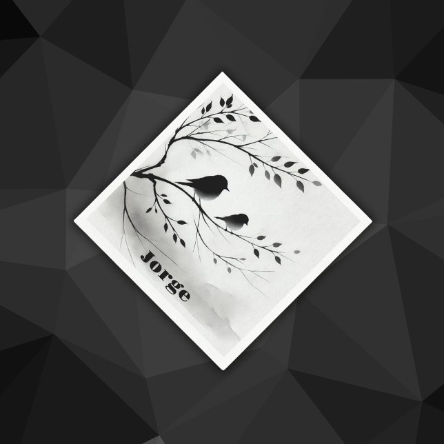 Monogram Simple Black and White Birds i Träd | Pappersservett (Skapare uppladdad)