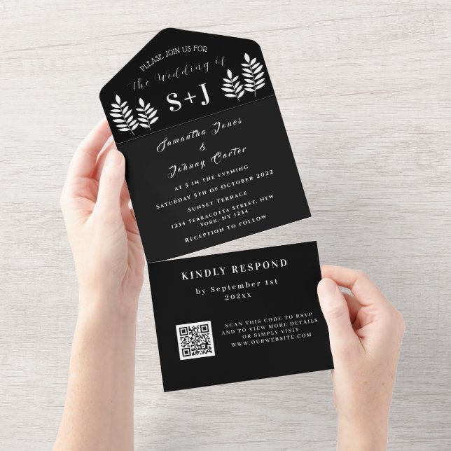 Monogram Simple Black White QR Code Bröllop (Avrivbar del)
