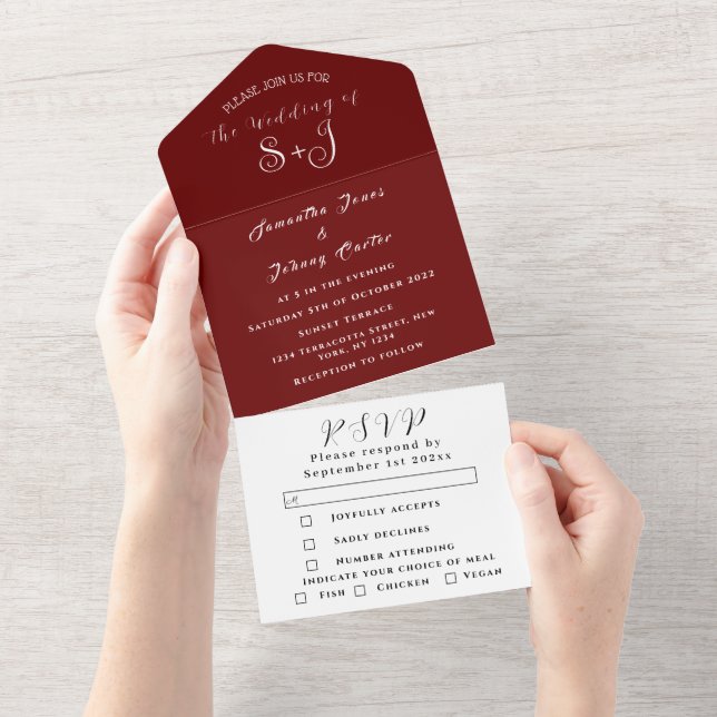 Monogram Simple Burgundy Calligraphy Bröllop (Tearaway)