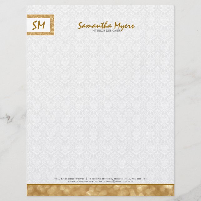 Monogram Simple Guld Glitter White Damasks Brevhuvud (Framsida)