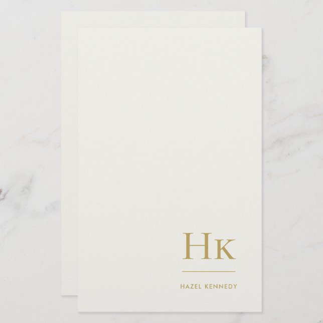 Monogram Simple Ivory Gold Monogrammed Custom Brevpapper (Fram/baksida)