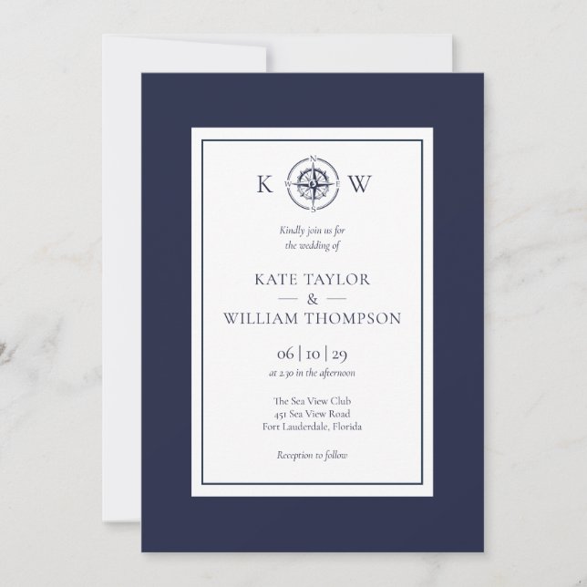 Monogram sjökompass Navy Blue Bröllop  Inbjudningar (Framsida)