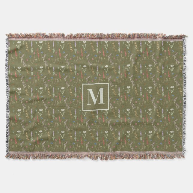 Monogram Skoggrön Akvarell Vildblomma Trädgård Filt (Framsidan)