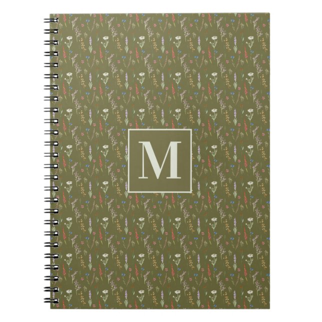 Monogram skoggrön akvarell vildblommsträdgård anteckningsbok (Framsidan)