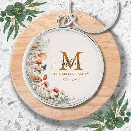 Monogram Skogssvamp Blommor Floral botanisk Rund Silverfärgad Nyckelring