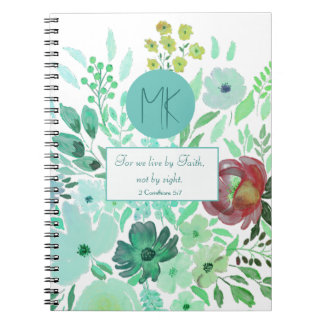Monogram Skrift Aqua Grön Akvarell Blommig Anteckningsbok