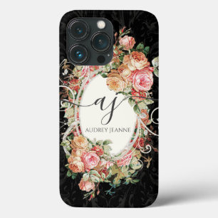 Monogram-skript för blommigt Rosa Black Elegant Vi
