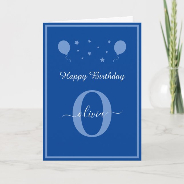 Monogram skript Grattis på födelsedagen Blue och W Kort (Framsida)