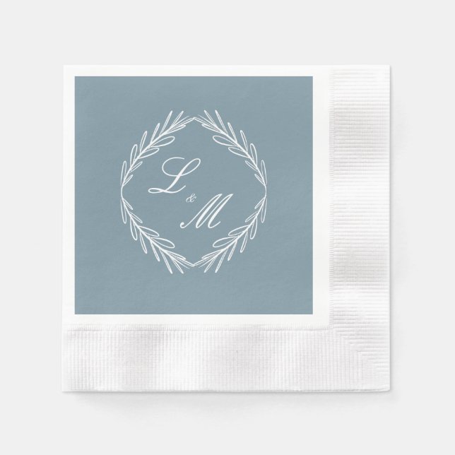 Monogram Skript Gren Dusty Blue Bröllop Pappersservett (Framsidan)