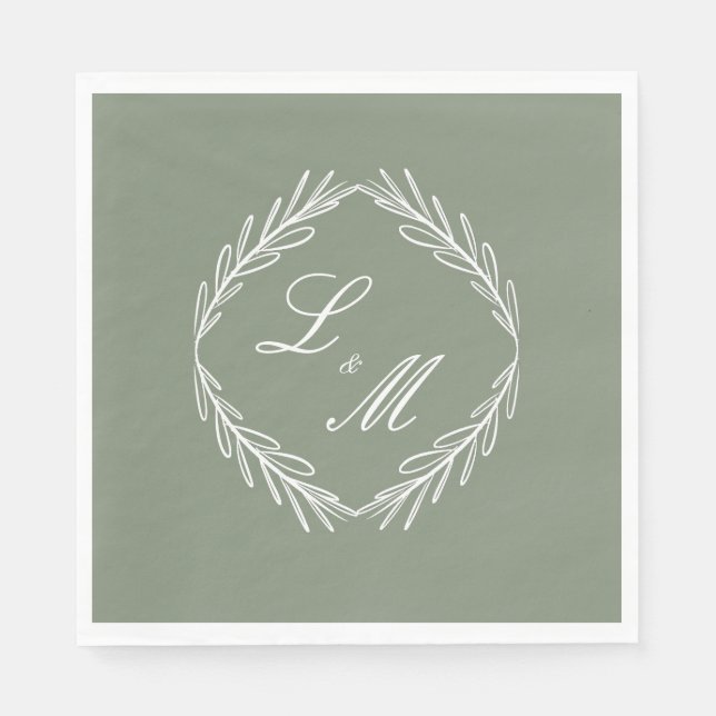 Monogram skript gren Sage grön bröllop  Pappersservett (Framsidan)