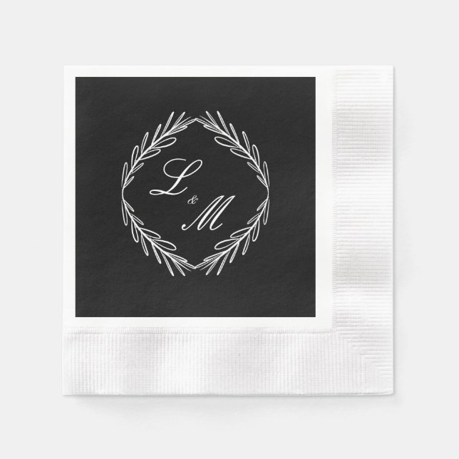 Monogram skript gren svart vit bröllop pappersservett (Framsidan)
