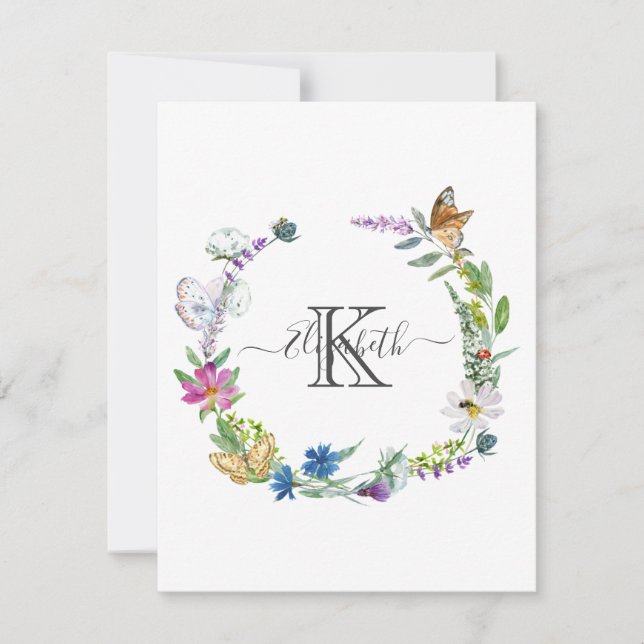 Monogram Skript Kalligrafi Fjärilar Blommor  Anteckningskort (Framsida)