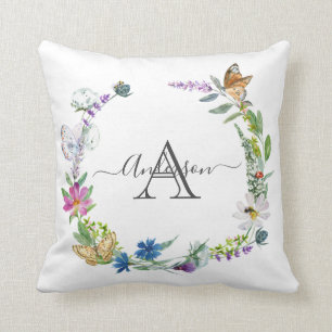 Monogram Skript Kalligrafi Fjärilar Blommor Kudde