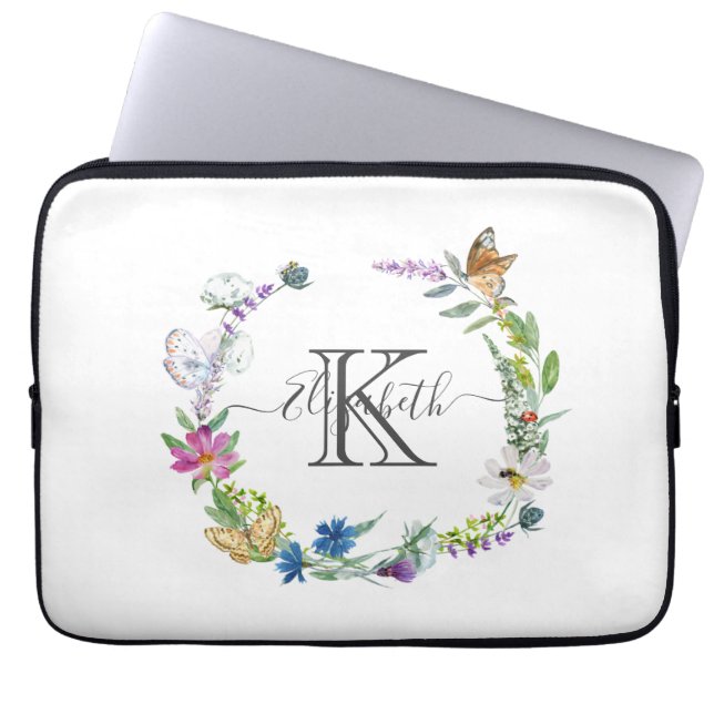 Monogram Skript Kalligrafi Fjärilar Blommor  Laptop Fodral (Framsidan)