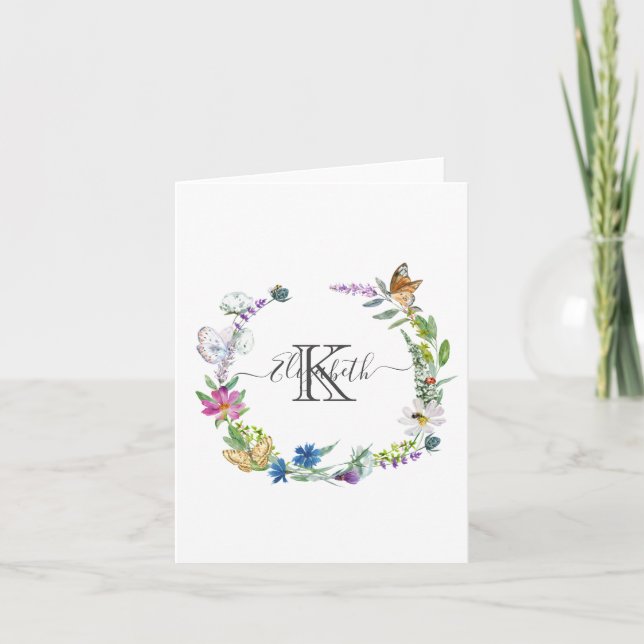 Monogram Skript Kalligrafi Fjärilar Blommor  N Anteckningskort (Framsida)