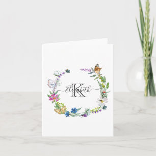 Monogram Skript Kalligrafi Fjärilar Blommor N Anteckningskort
