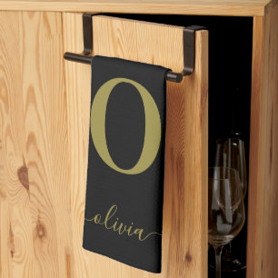 Monogram skript Namn Personlig Black och Guld Kökshandduk