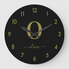 Monogram skript Namn Personlig Black och Guld Stor Klocka